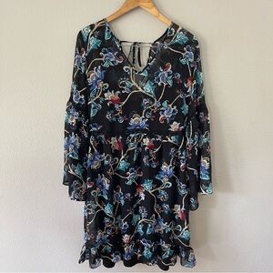 White House Black Market Black With Blue Onyx Floral Bell Sleeve Dress 14 NWT